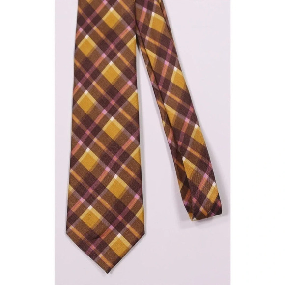 Phineas Cole Gold/Brown Plaid Slim Silk Necktie Tie - Picture 3 of 6